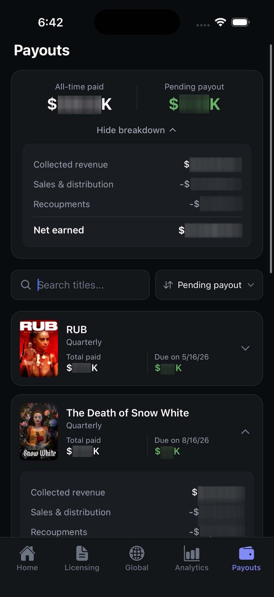 Payouts dashboard with per-title breakdown